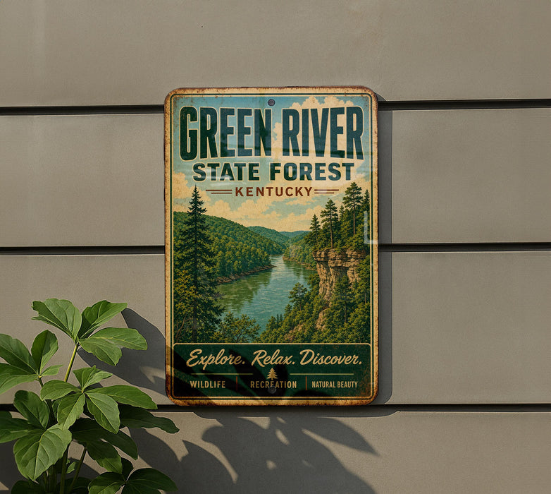 A vintage-style metal sign for the Green River State Forest in Kentucky, featuring a scenic image of the river surrounded by lush forests.