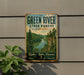 A vintage-style metal sign for the Green River State Forest in Kentucky, featuring a scenic image of the river surrounded by lush forests.