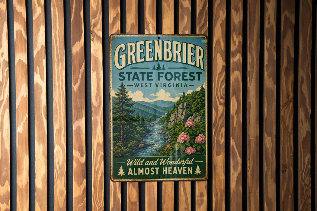 A vintage-style metal sign for the Greenbrier State Forest in West Virginia, featuring a scenic illustration of a forest and a river.
