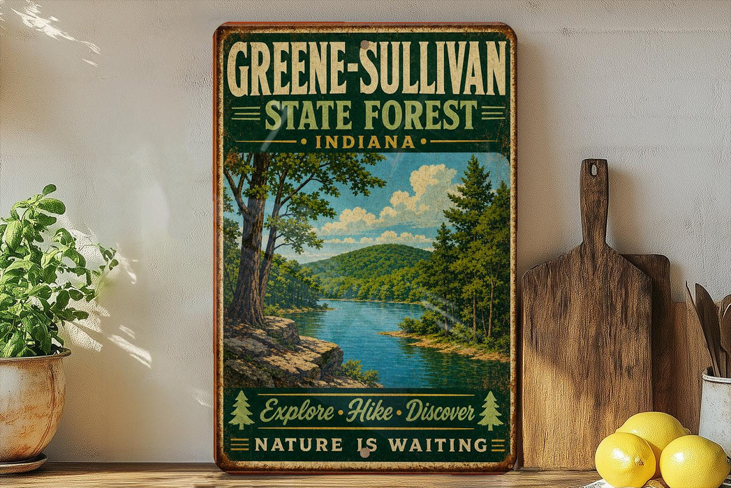 A vintage-style sign for Greene-Sullivan State Forest in Indiana, featuring a scenic landscape with a river and trees.