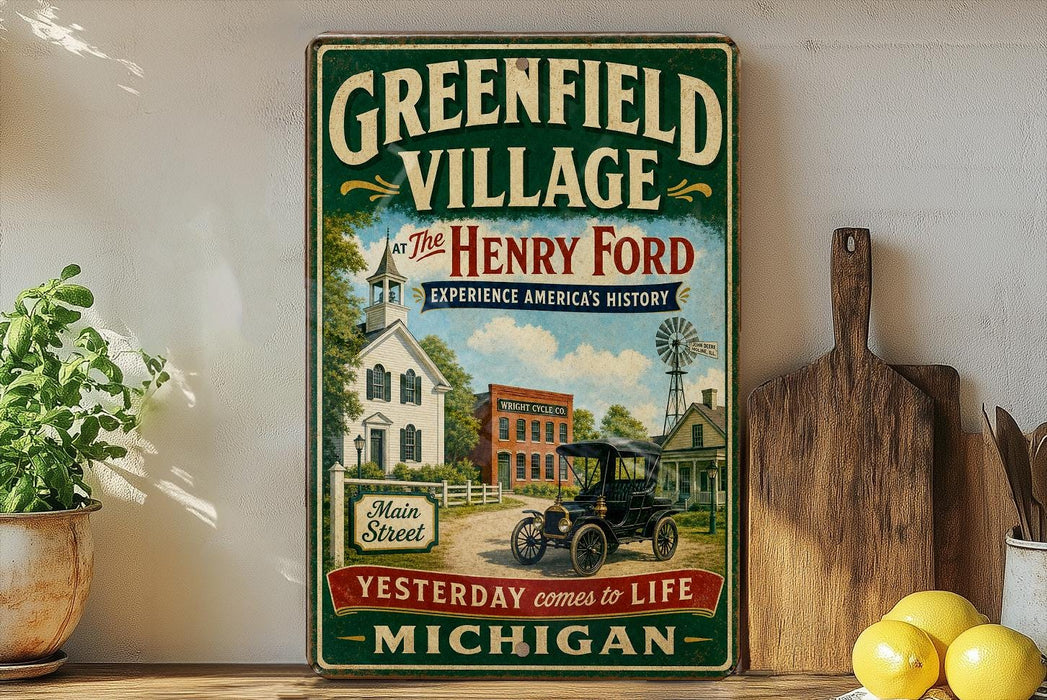 A vintage-style sign for "Greenfield Village" featuring an illustration of a historic building, a car, and a windmill, with the text "The Henry Ford Experience America's history" and " Yesterday comes to life Michigan".