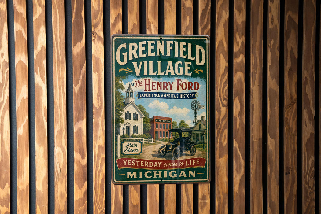 A vintage-style metal sign for the Greenfield Village, featuring a depiction of a historic building and a car, mounted on a wooden wall.