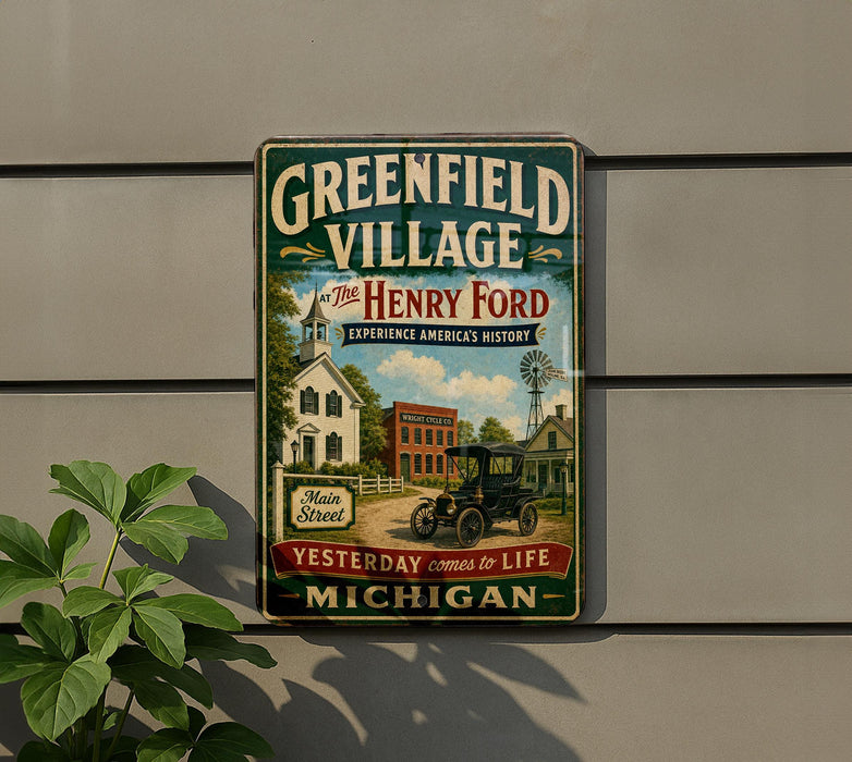A vintage-style sign for "Greenfield Village" featuring a car and a church, with the text "The Henry Ford Experience America's History" and " Yesterday comes to Life Michigan" displayed prominently.