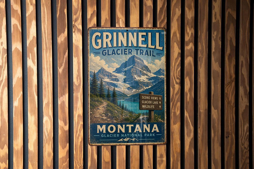 A vintage metal sign for the Grinnell Glacier Trail in Montana, featuring a scenic mountain landscape.