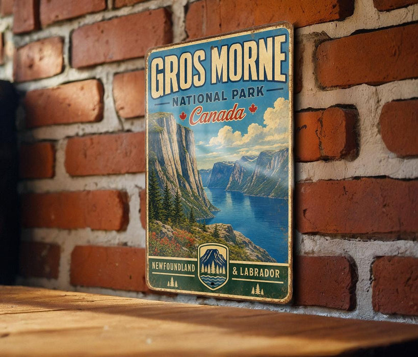 A vintage-style metal sign for Gros Morne National Park in Canada, featuring a scenic mountain landscape with a lake and pine trees.