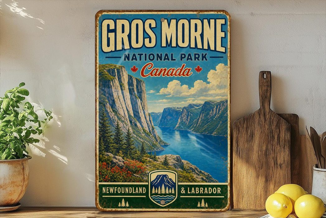 A vintage-style sign for Gros Morne National Park, Canada, featuring a scenic mountain landscape with a lake and pine trees.