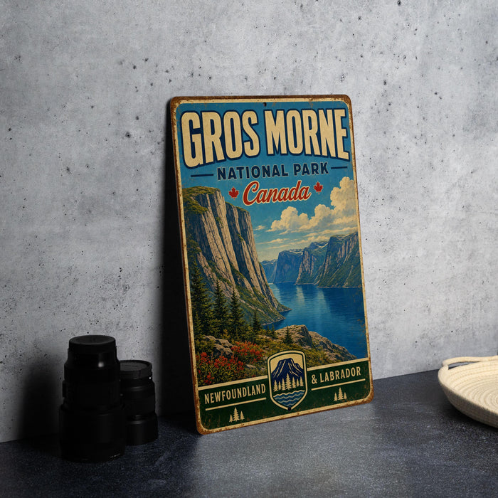 A vintage-style metal sign for Gros Morne National Park, Canada, featuring a scenic landscape with mountains, a lake, and a forest.