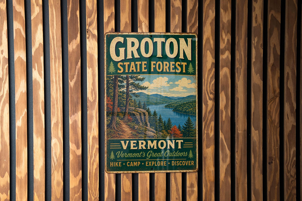 A vintage metal sign for Groton State Forest in Vermont, featuring a scenic landscape with mountains, trees, and a lake.
