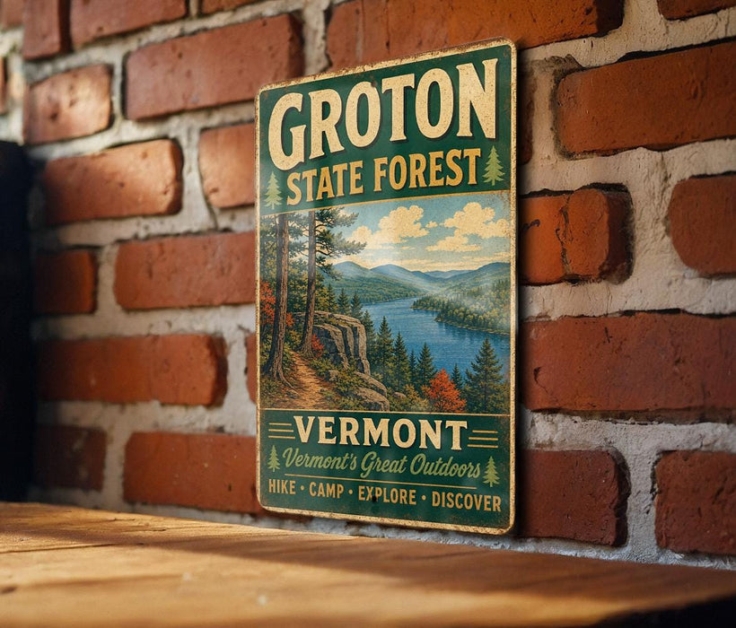 A vintage-style metal sign for Groton State Forest in Vermont, featuring a scenic landscape with mountains, trees, and a lake.