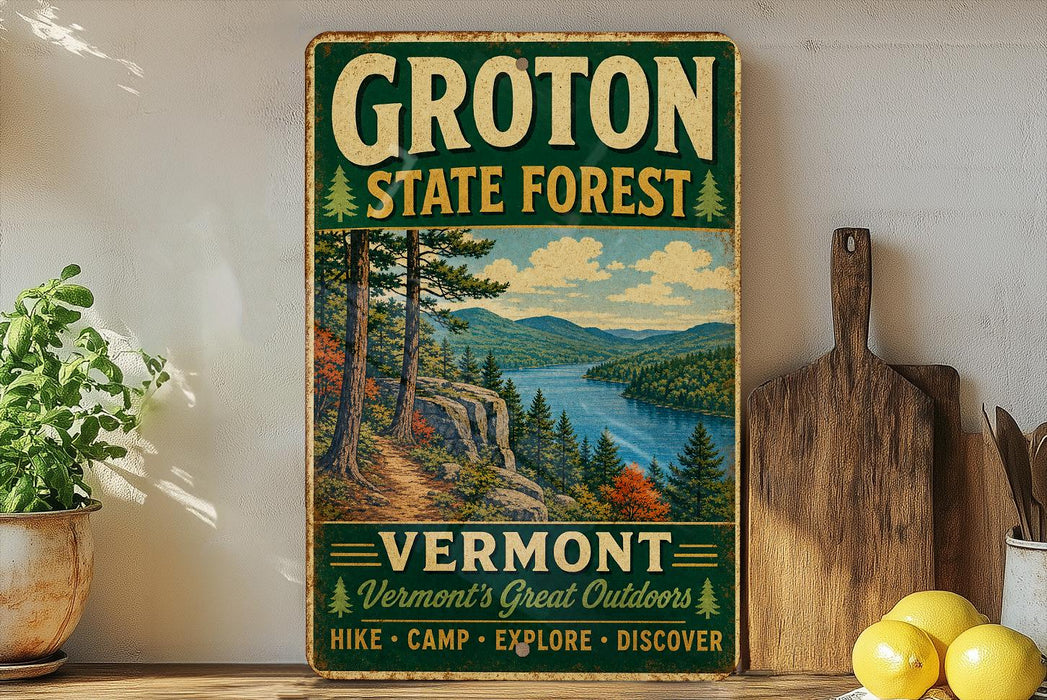A vintage-style sign for Groton State Forest in Vermont, featuring a scenic landscape with a river and mountains.