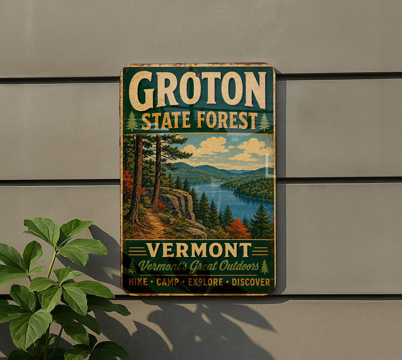 A vintage-style metal sign for Groton State Forest, Vermont, featuring a scenic landscape with pine trees, a river, and mountains.