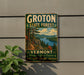 A vintage-style metal sign for Groton State Forest, Vermont, featuring a scenic landscape with pine trees, a river, and mountains.