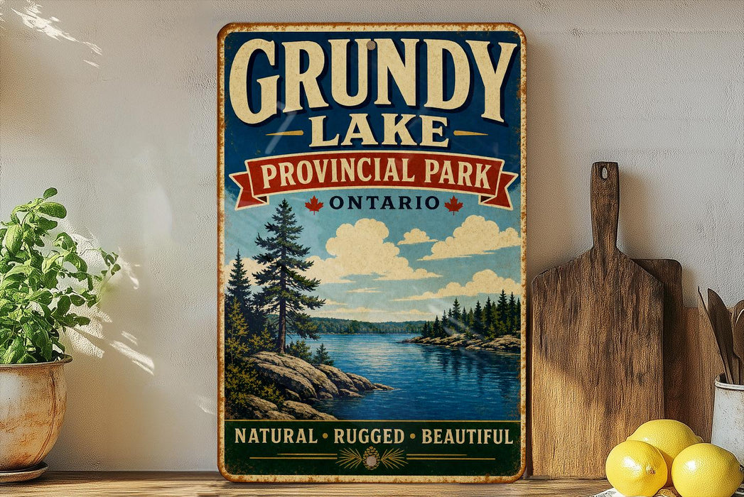 A vintage-style sign for Grubby Lake Provincial Park, Ontario, featuring a scenic landscape with a lake, pine trees, and mountains.