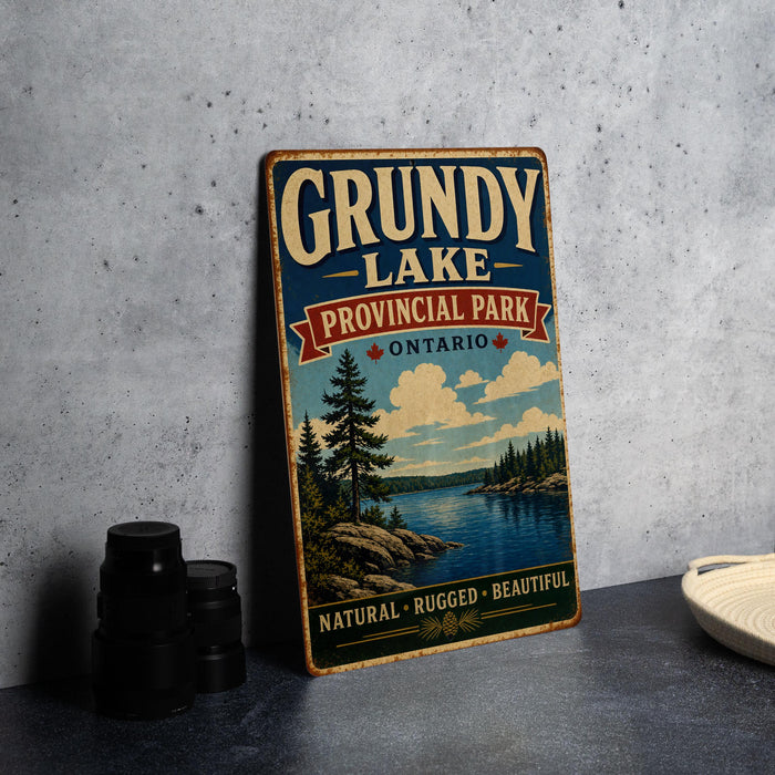 A vintage-style sign for Grubby Lake Provincial Park in Ontario, featuring a scenic landscape with pine trees, a lake, and mountains.