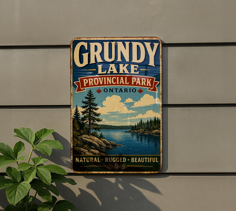 A vintage-style sign for Grubby Lake Provincial Park in Ontario, featuring a scenic landscape with pine trees, a lake, and mountains.