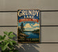 A vintage-style sign for Grubby Lake Provincial Park in Ontario, featuring a scenic landscape with pine trees, a lake, and mountains.