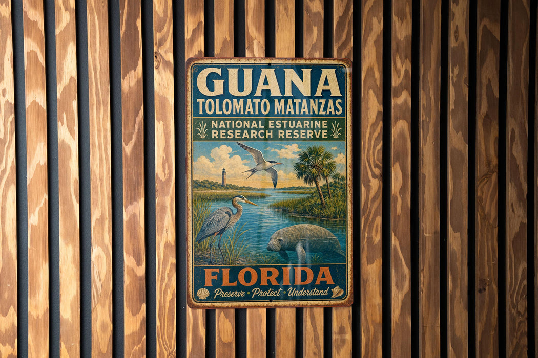 A vintage metal sign for the National Estuarine Research Reserve in Florida, featuring a bird and palm trees, mounted on a wooden wall.