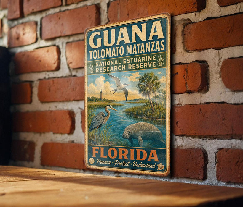 A vintage metal sign for the National Estuarine Research Reserve in Florida, featuring a seagull, a manatee, and a palm tree.
