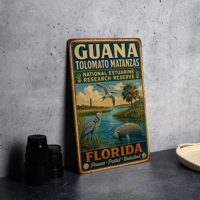 A vintage-style metal sign for the National Estuarine Research Reserve in Florida, featuring illustrations of birds, a manatee, and palm trees.