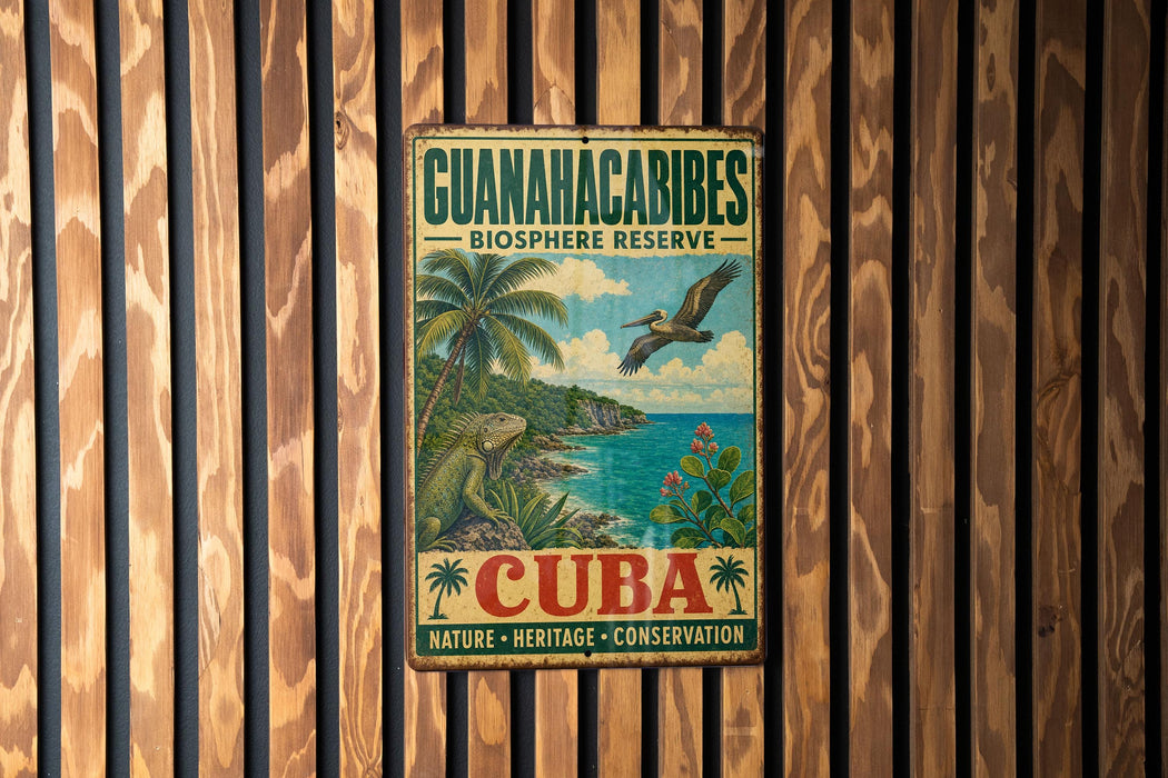 A vintage-style metal sign with a tropical beach scene and palm trees, advertising the Guianacabines Biosphere Reserve in Cuba.