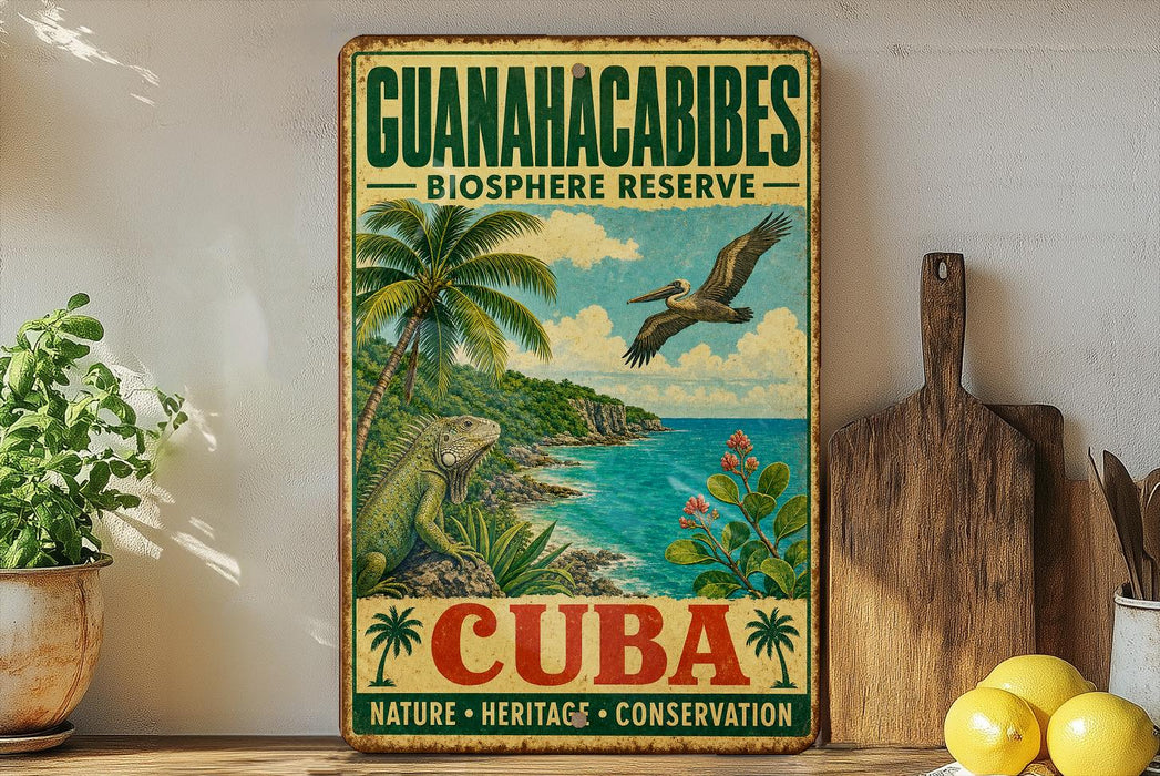 A vintage-style sign for the Guanahacibes Biosphere Reserve in Cuba, featuring a tropical landscape with palm trees, a bird, and a body of water.