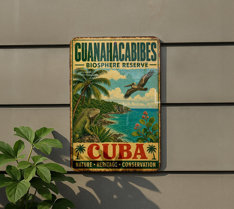 A vintage-style sign for the Guanahacibes Biosphere Reserve in Cuba, featuring a tropical landscape with palm trees, a bird, and a body of water.