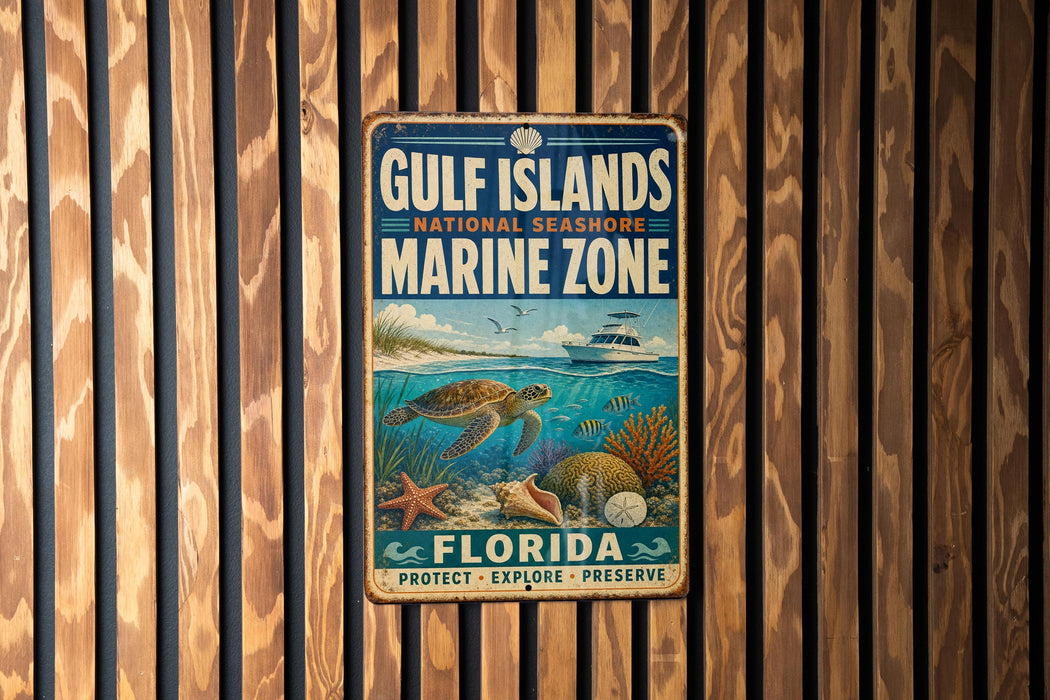 A vintage metal sign for the Gulf Islands National Seashore Marine Zone in Florida, featuring an illustration of marine life and the text "Gulf Islands National Seashore Marine Zone" and "FLORIDA".