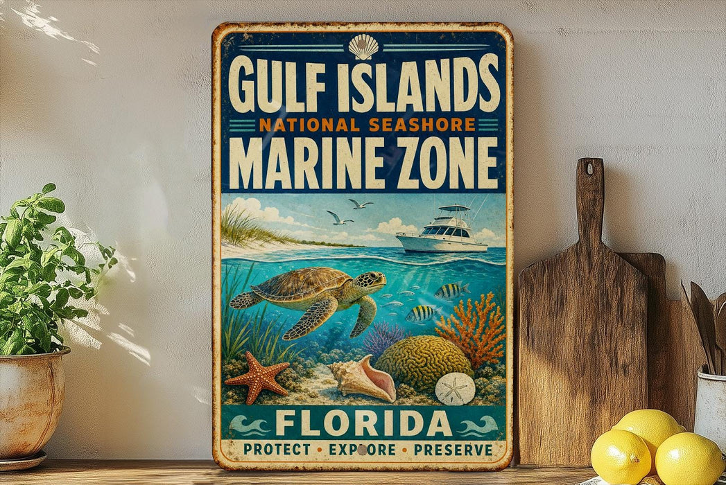 A vintage-style metal sign for the Gulf Islands National Seashore Marine Zone, featuring an illustration of a turtle swimming among coral and fish, with a boat in the background.
