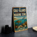 A vintage metal sign for the Gulf Islands National Seashore Marine Zone, featuring an illustration of a turtle swimming in the ocean.