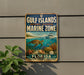 A vintage metal sign for the Gulf Islands National Seashore Marine Zone, featuring an illustration of a turtle, seagulls, and various marine life.
