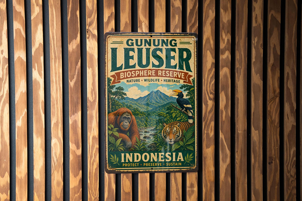 A vintage-style metal sign with a forest scene and wildlife, including an orangutan, tiger, and bird, is displayed on a wooden wall.