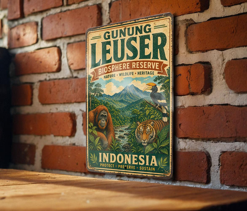 A vintage-style metal sign with text and illustrations of an orangutan, tiger, and lush green forest, mounted on a brick wall.
