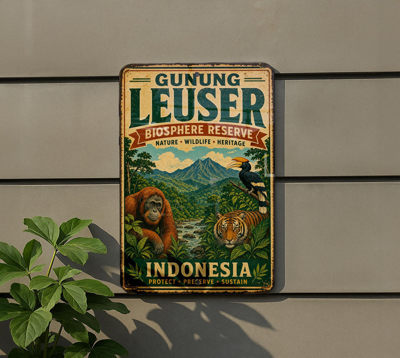 a vintage-style sign for Gunung Leuser BiosphERE Reserve in Indonesia, depicting various wildlife species such as an orangutan, tiger, and hornbill.