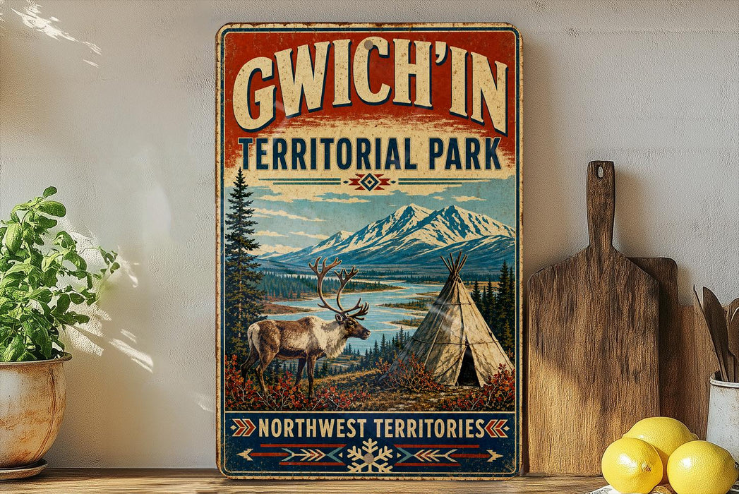 A vintage-style sign for GWICH'IN TERRITORIAL PARK, featuring a deer, a teepee, and a mountain landscape.