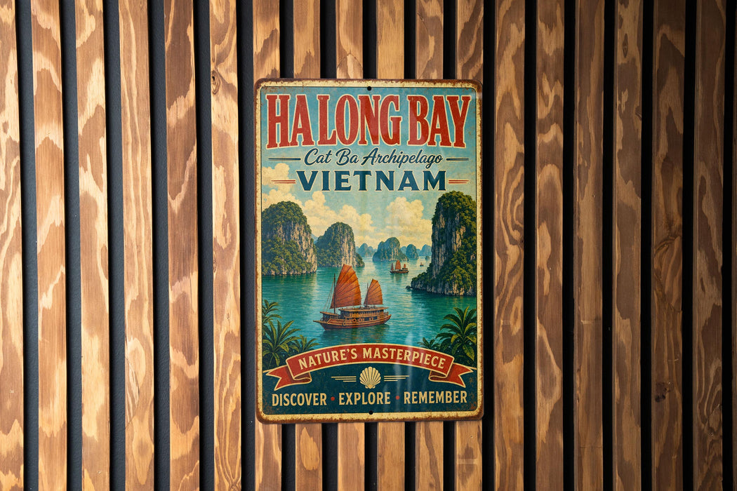 A vintage metal sign with a tropical island scene and a boat, hanging on a wooden wall.