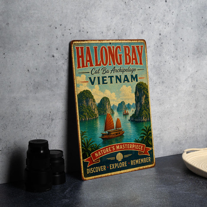 A vintage metal sign advertising Halong Bay, Vietnam, featuring a scenic illustration of the bay with boats and lush greenery.