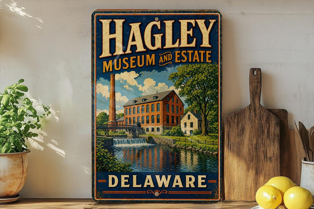 A vintage metal sign for the Hagley Museum and Estate in Delaware, featuring an illustration of a building with a waterfall and a bridge.