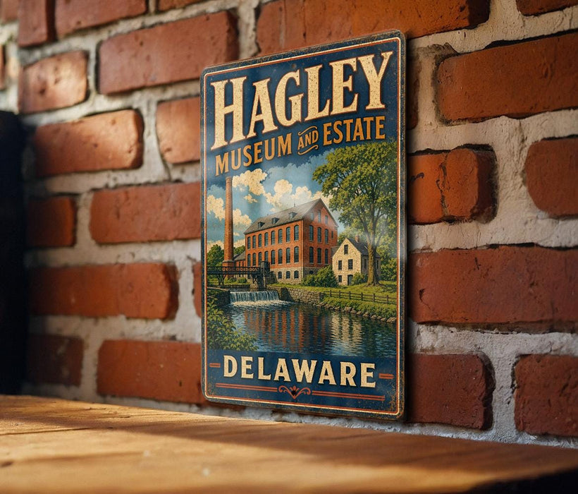 A vintage metal sign for the Hagley Museum and Estate in Delaware, featuring an illustration of a brick building with a water feature.
