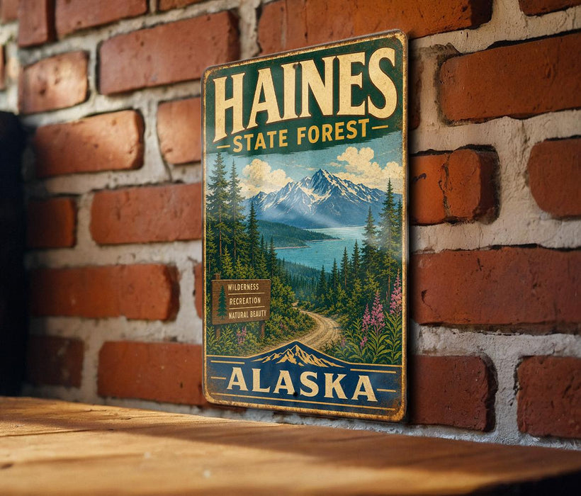 A vintage metal sign for Haines State Forest in Alaska, featuring a scenic mountain landscape and a road leading through the forest.