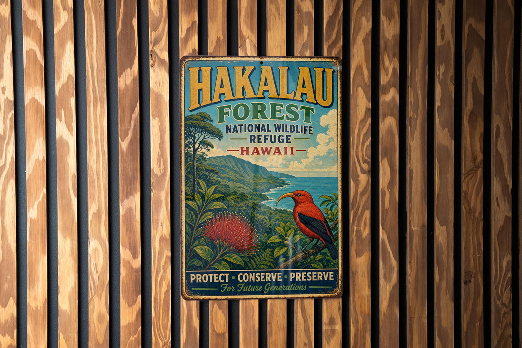 A vintage metal sign for the Hakalau Forest National Wildlife Refuge in Hawaii, featuring a bird and lush greenery.