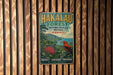 A vintage metal sign for the Hakalau Forest National Wildlife Refuge in Hawaii, featuring a bird and lush greenery.