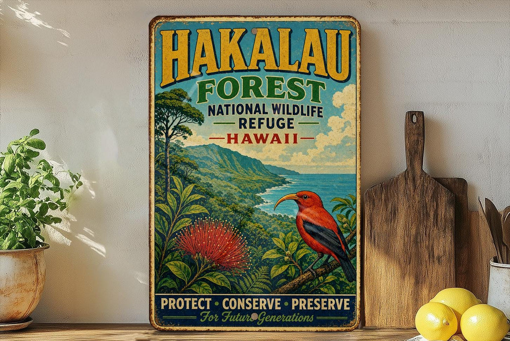 A vintage-style sign for the Hakaau Forest National Wildlife Refuge in Hawaii, featuring a colorful illustration of a bird and lush greenery.