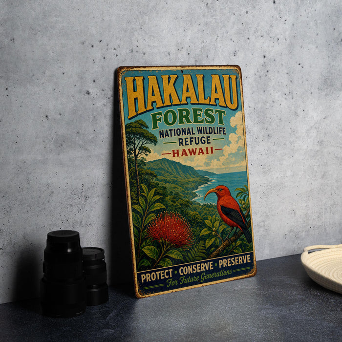 A vintage-style metal sign for the Hakaau Forest National Wildlife Refuge in Hawaii, featuring a bird and tropical foliage.