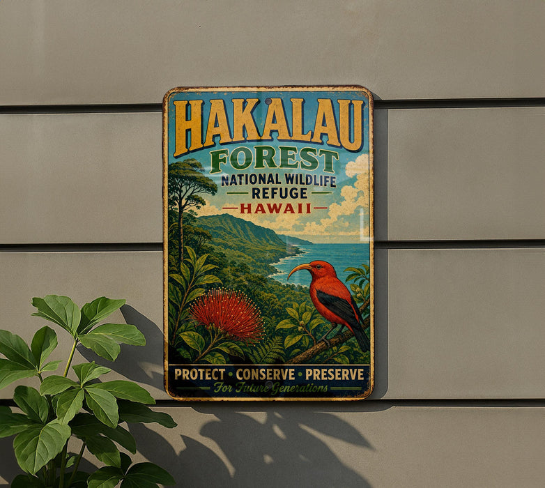 A vintage metal sign for the Hakaau Forest National Wildlife Refuge in Hawaii, featuring a red bird and tropical foliage.