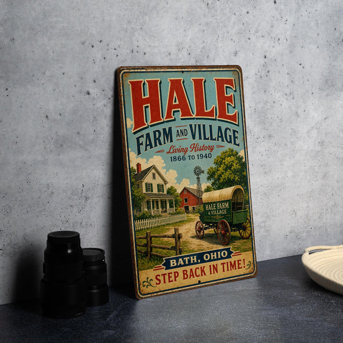 A vintage metal sign for Hale Farm and Village, featuring an illustration of a farm scene with a wagon and a house, along with the text "Hale Farm and Village Living History 1866 to 1940 Bath, Ohio Step back in time".