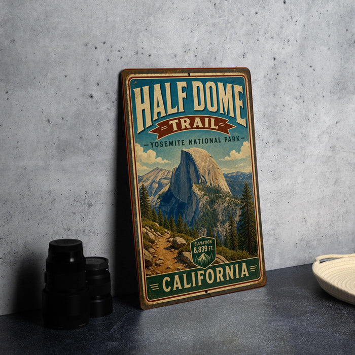 a vintage-style metal sign for the Half Dome Trail in Yosemite National Park, California.