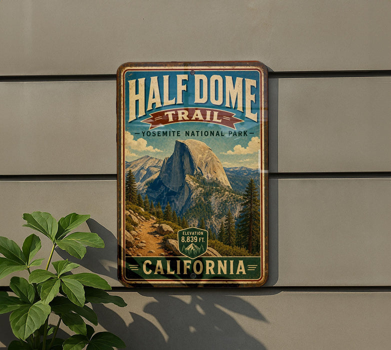 A vintage-style metal sign for the Half Dome Trail in Yosemite National Park, California, featuring a mountain landscape and the text "Half Dome Trail" prominently displayed.
