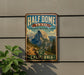 A vintage-style metal sign for the Half Dome Trail in Yosemite National Park, California, featuring a mountain landscape and the text "Half Dome Trail" prominently displayed.