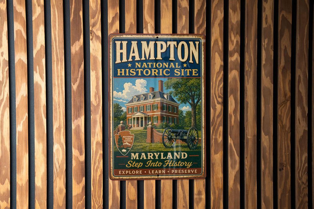A vintage metal sign for the Hampton National Historic Site in Maryland, featuring an illustration of a historic house and cannon, mounted on a wooden wall.