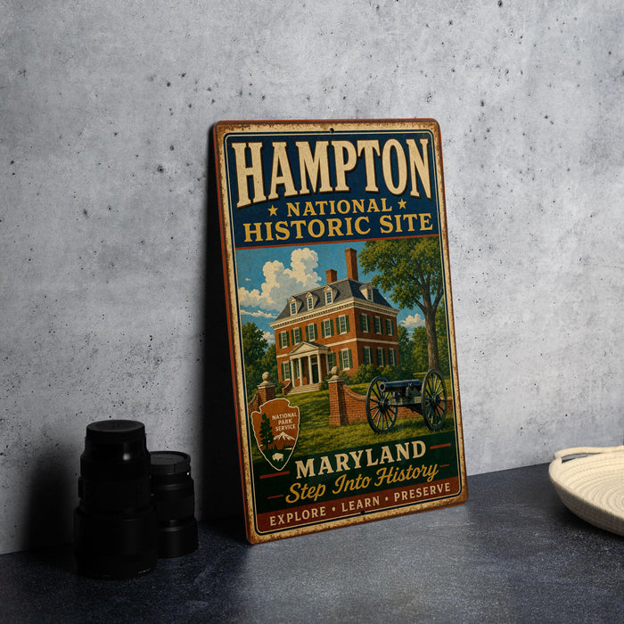 A vintage metal sign for the Hampton National Historic Site in Maryland, featuring an illustration of a historic building and a cannon, along with the text "Hampton National Park Service Historic Site" and " Maryland Step into History".